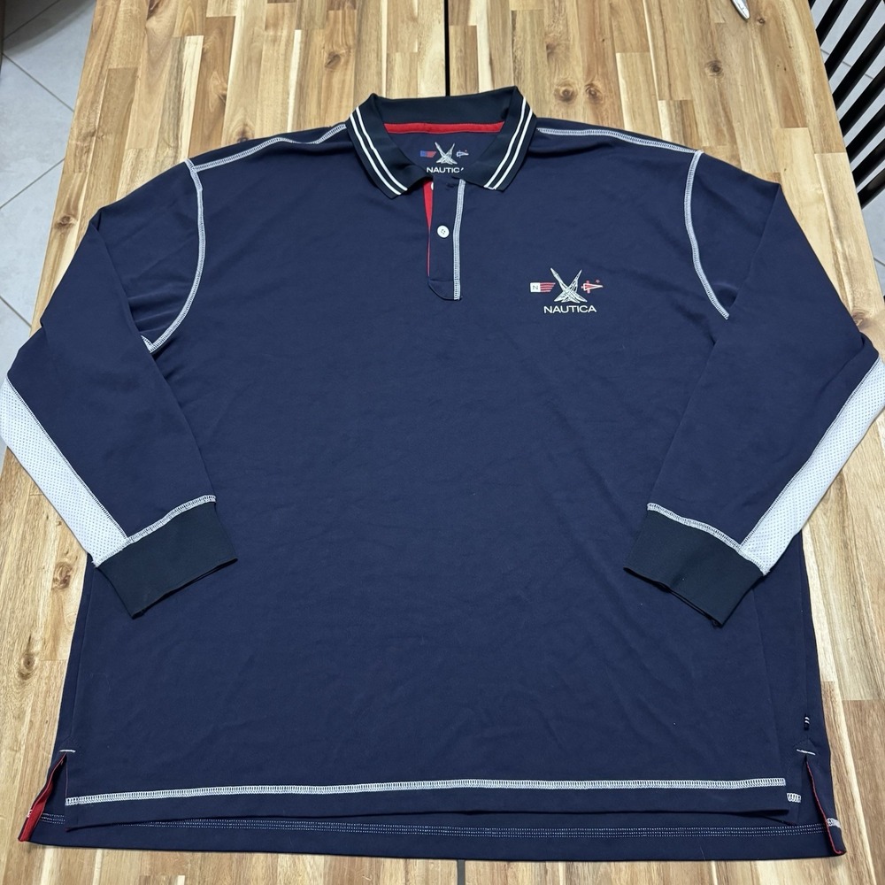 Nautica Polo Shirt Mens 3X Blue Long Sleeve Boating Preppy Collared Stretch